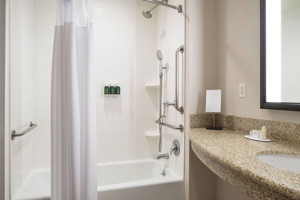A bathroom with a shower, a bathtub, a granite countertop, and a mirror.