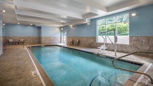 A swimming pool with clear lane markings, a lifeguard chair, and a window with a view of trees. - Holiday Inn Express Richmond by IHG (Richmond)
