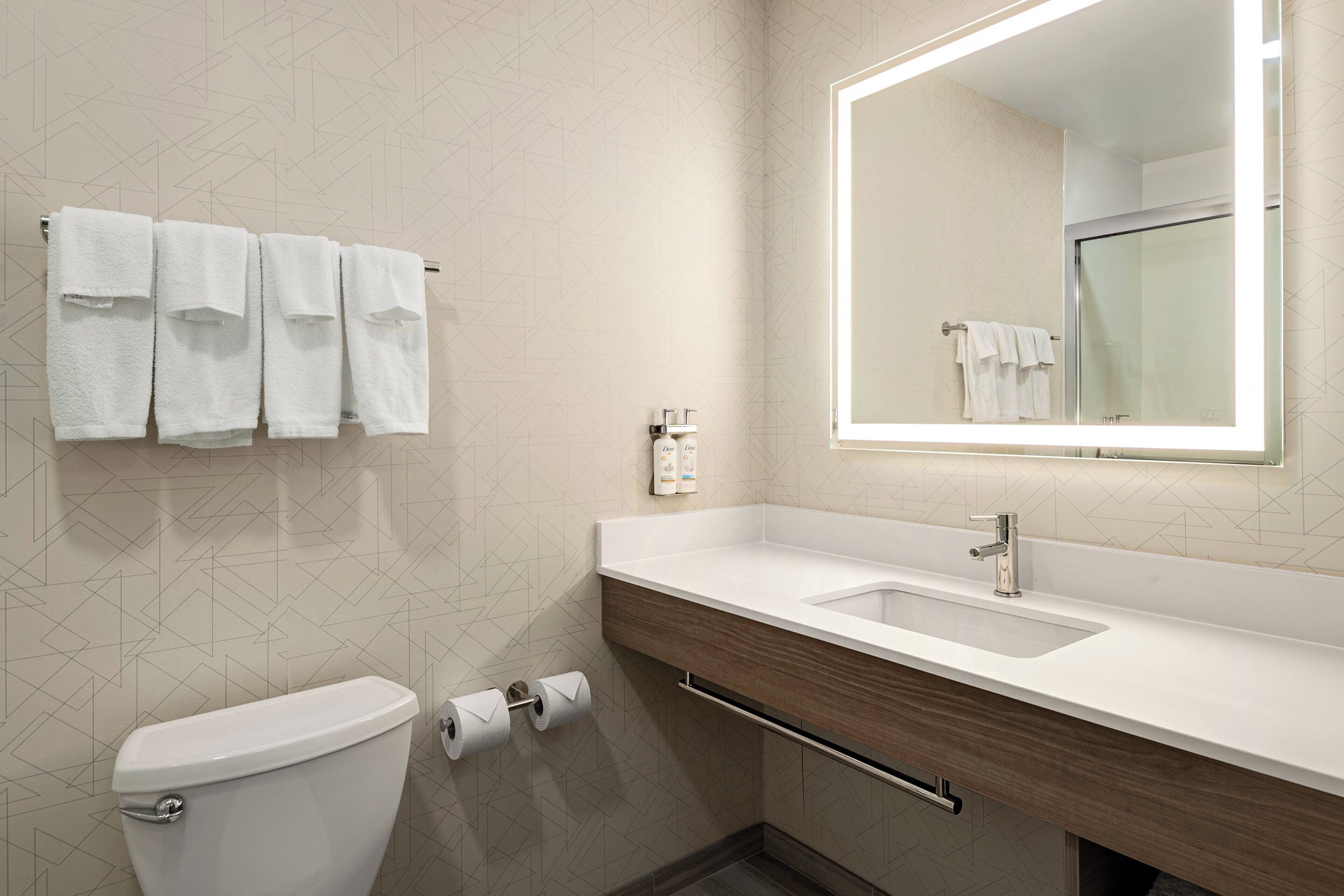 combined shower/bathtub, free toiletries, hair dryer, towels