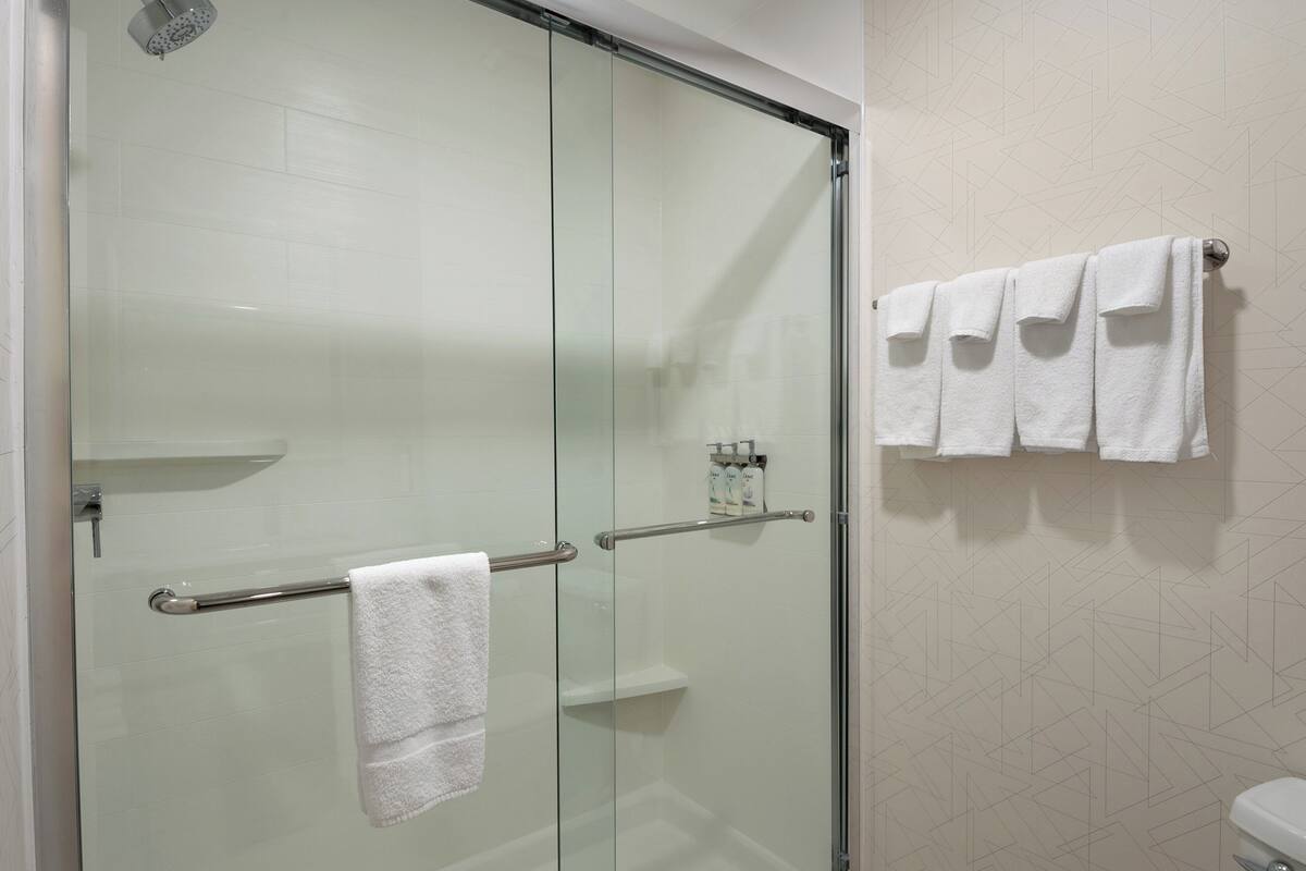 A glass-enclosed shower with a towel rack and a toilet visible in the corner.