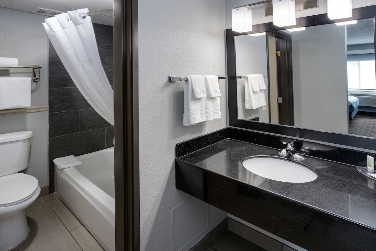 free toiletries, hair dryer, towels