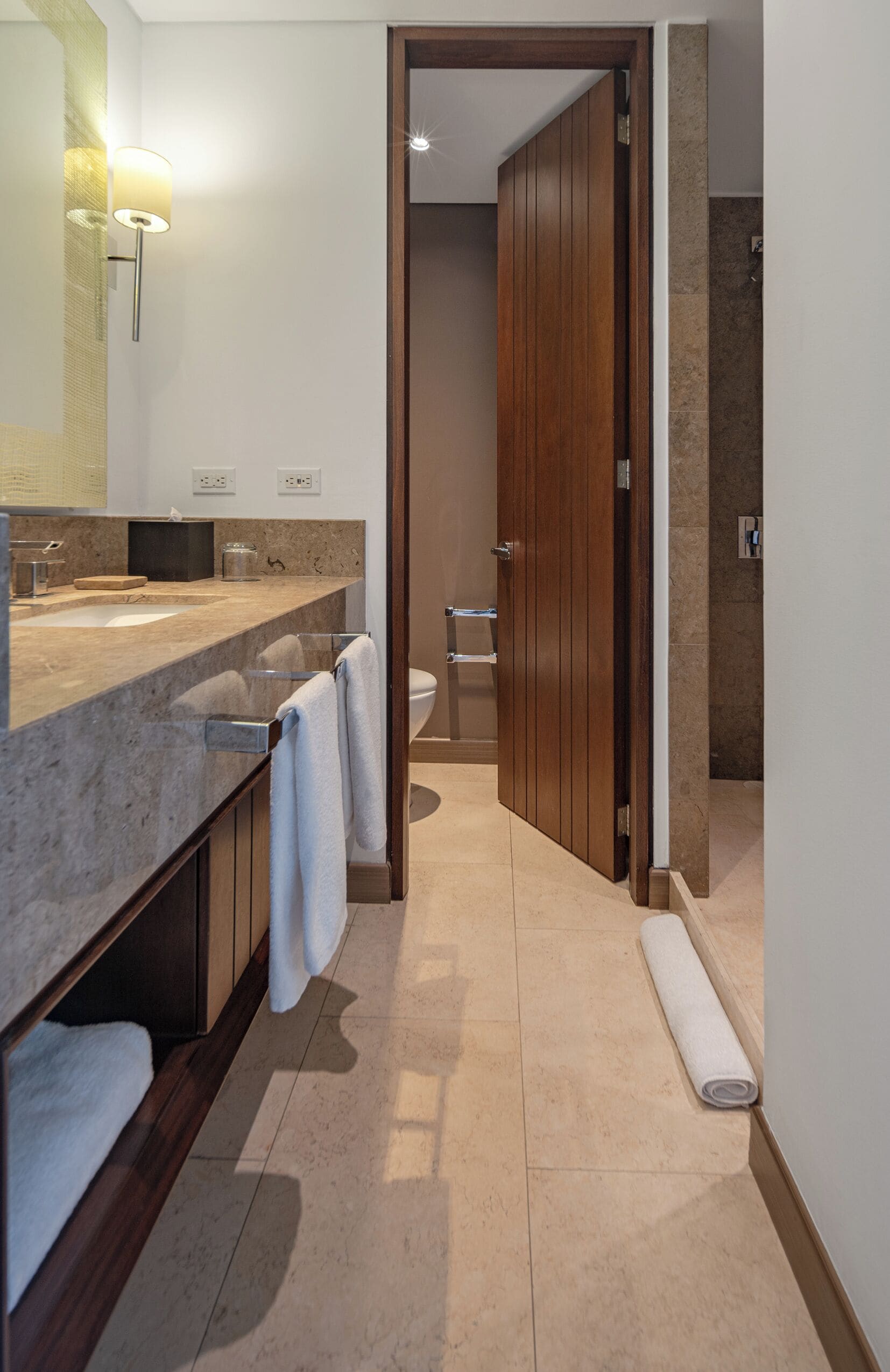 standard double room | bathroom | shower, hair dryer, slippers, towels