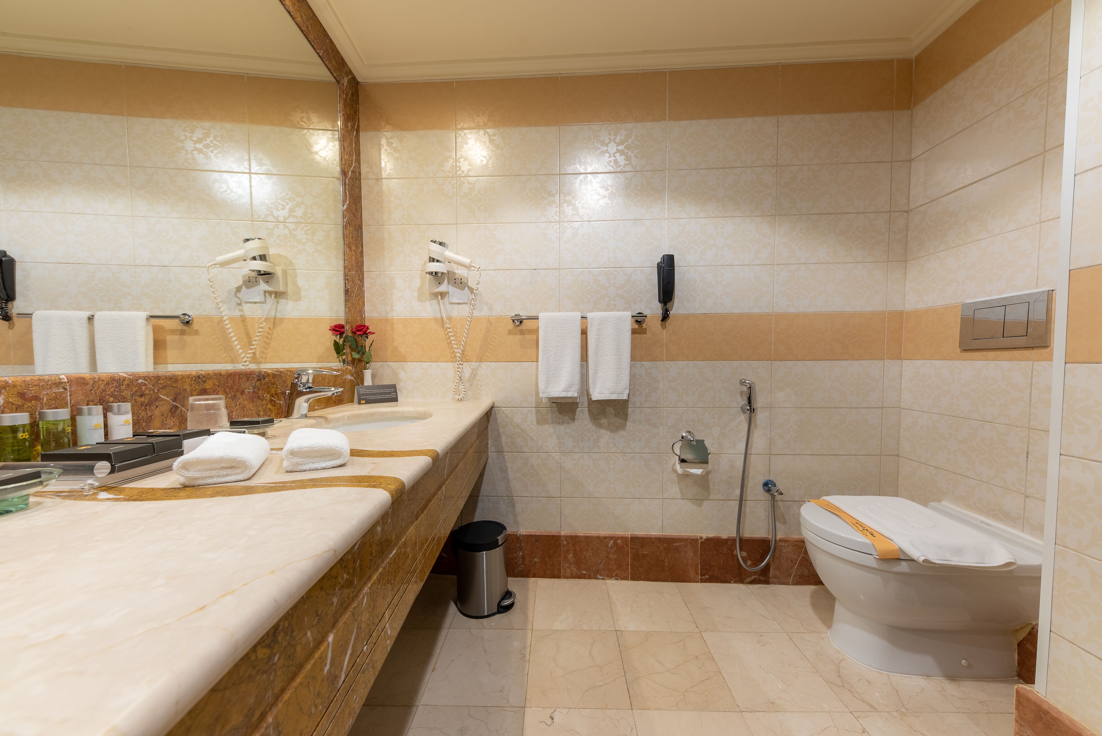 combined shower/bathtub, free toiletries, hair dryer, towels