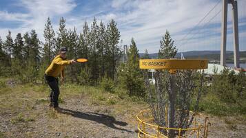 A person playing disc golf near a sign that reads "PRO BASKET".