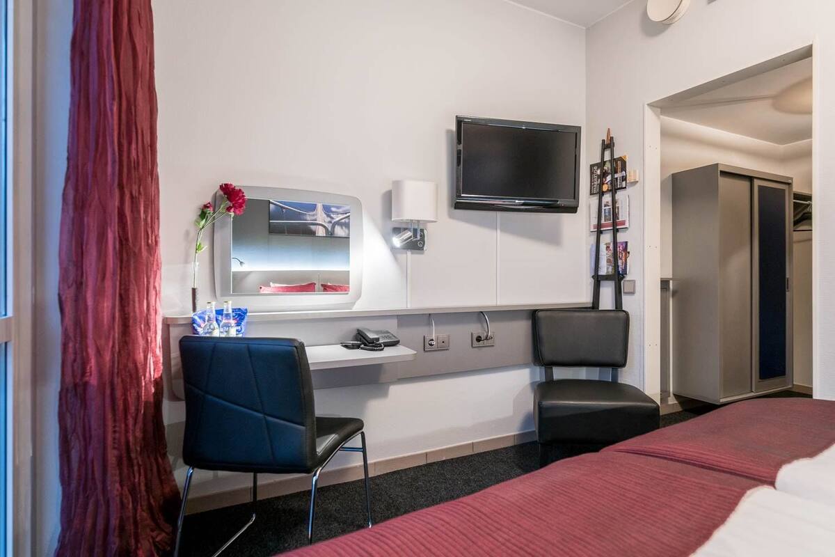 double room, terrace, river view | desk, laptop workspace, blackout curtains, iron/ironing board