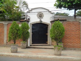Entrada de un edificio con una puerta negra, dos macetas a cada lado y un muro de ladrillo.