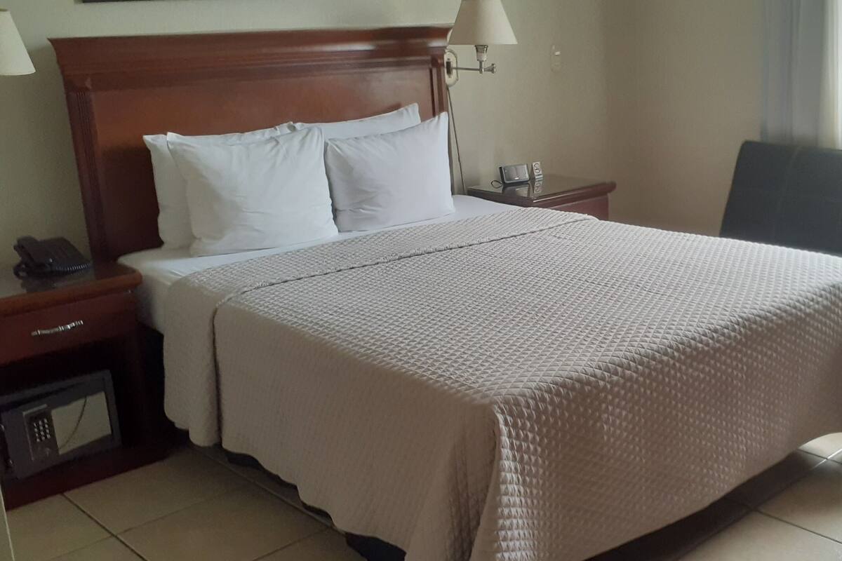 A hotel room with a large bed, a bedside table with a lamp, a telephone, and a microwave.