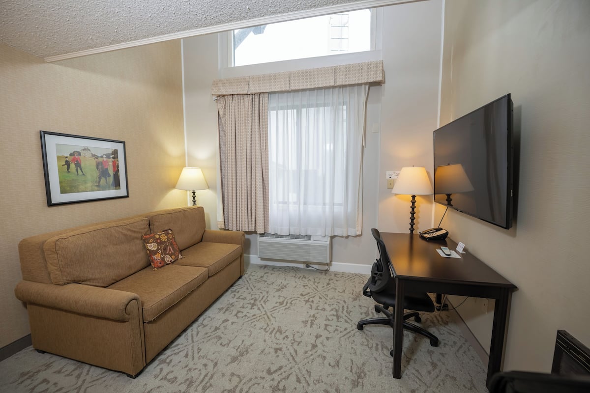 A hotel room with a brown sofa, a desk with a chair, a flat-screen TV, two lamps, a framed picture on the wall, and a window with curtains.