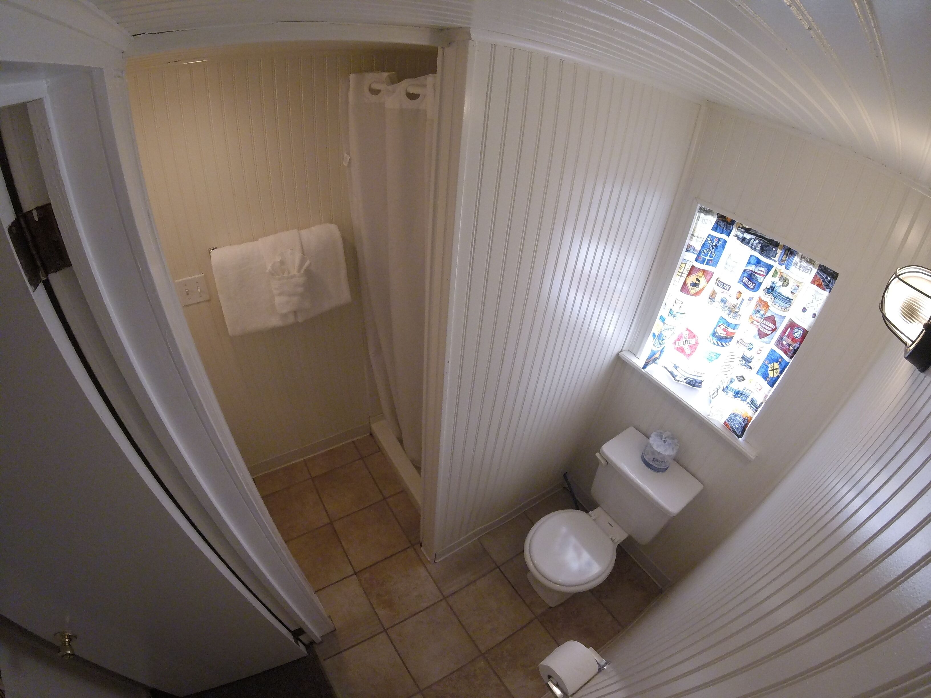 A bathroom with a toilet, a shower, and a window with a poster.