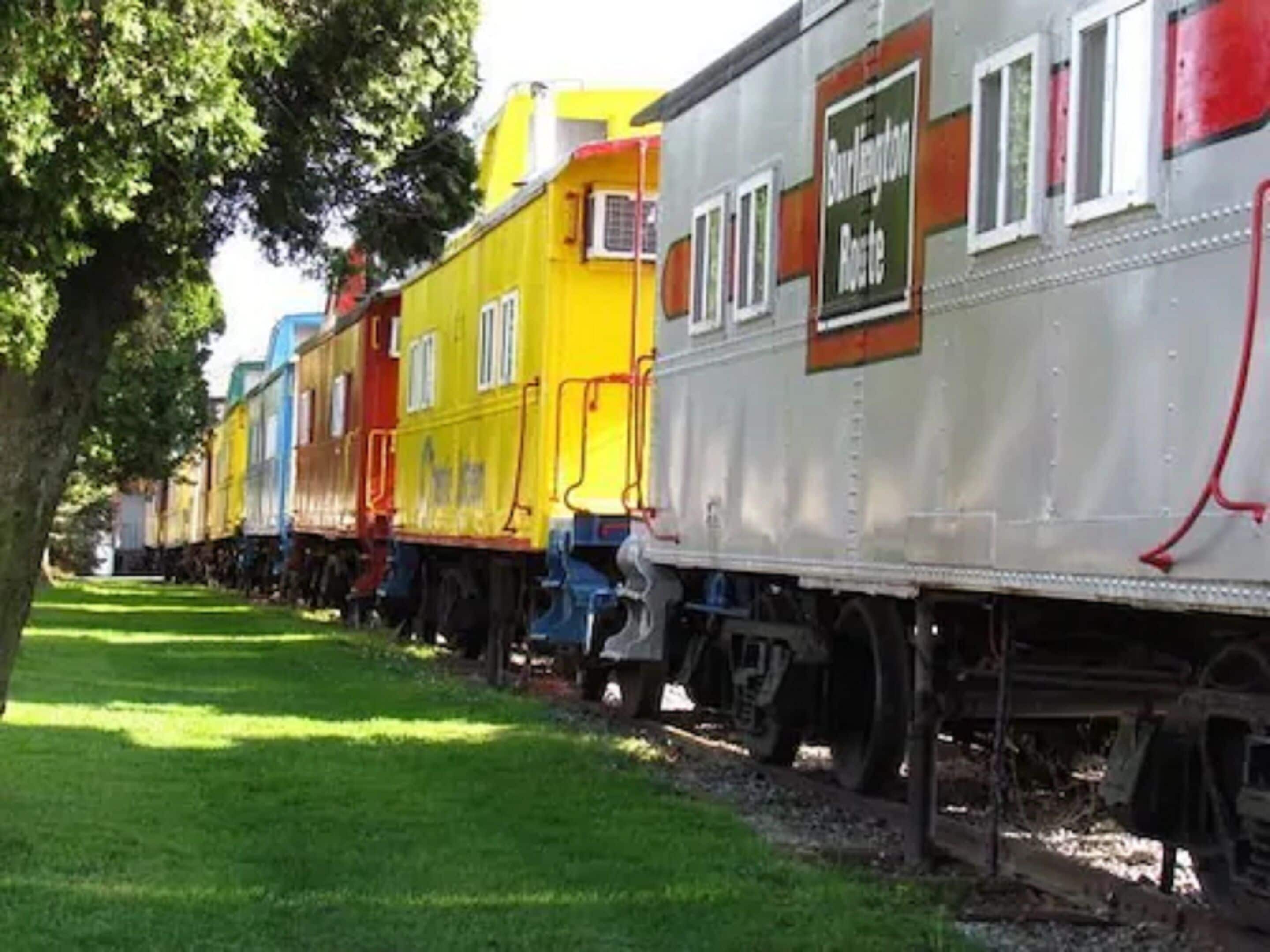 Diverses vagons de tren de colors alineats sobre un ferrocarril, amb gespa als costats.