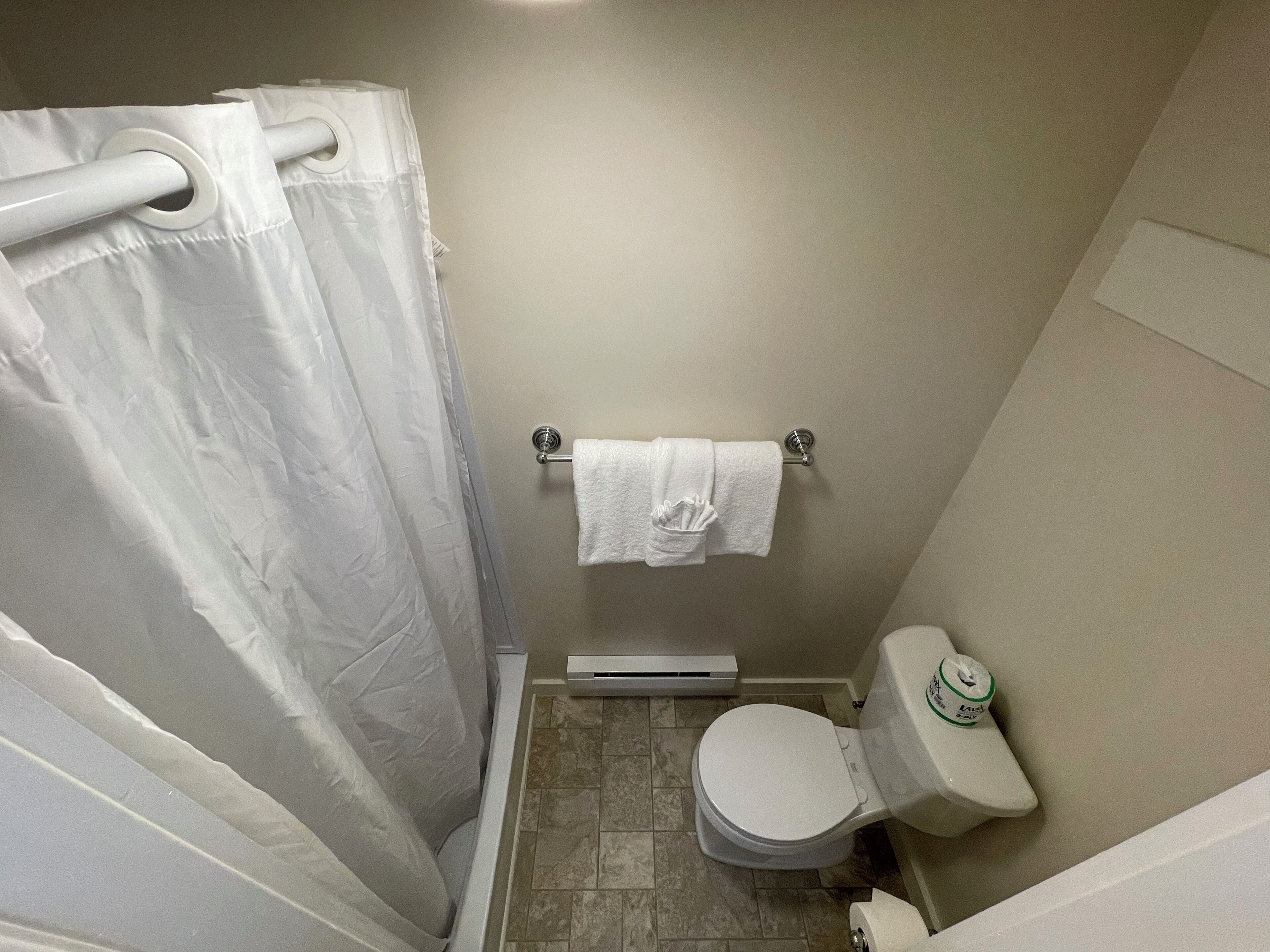 Une petite salle de bain avec un rideau de douche, des toilettes et un porte-serviettes.