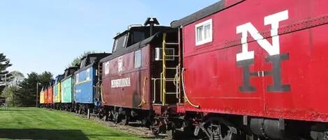 A red train with "NH" on the side, parked on tracks with a grassy area beside it.