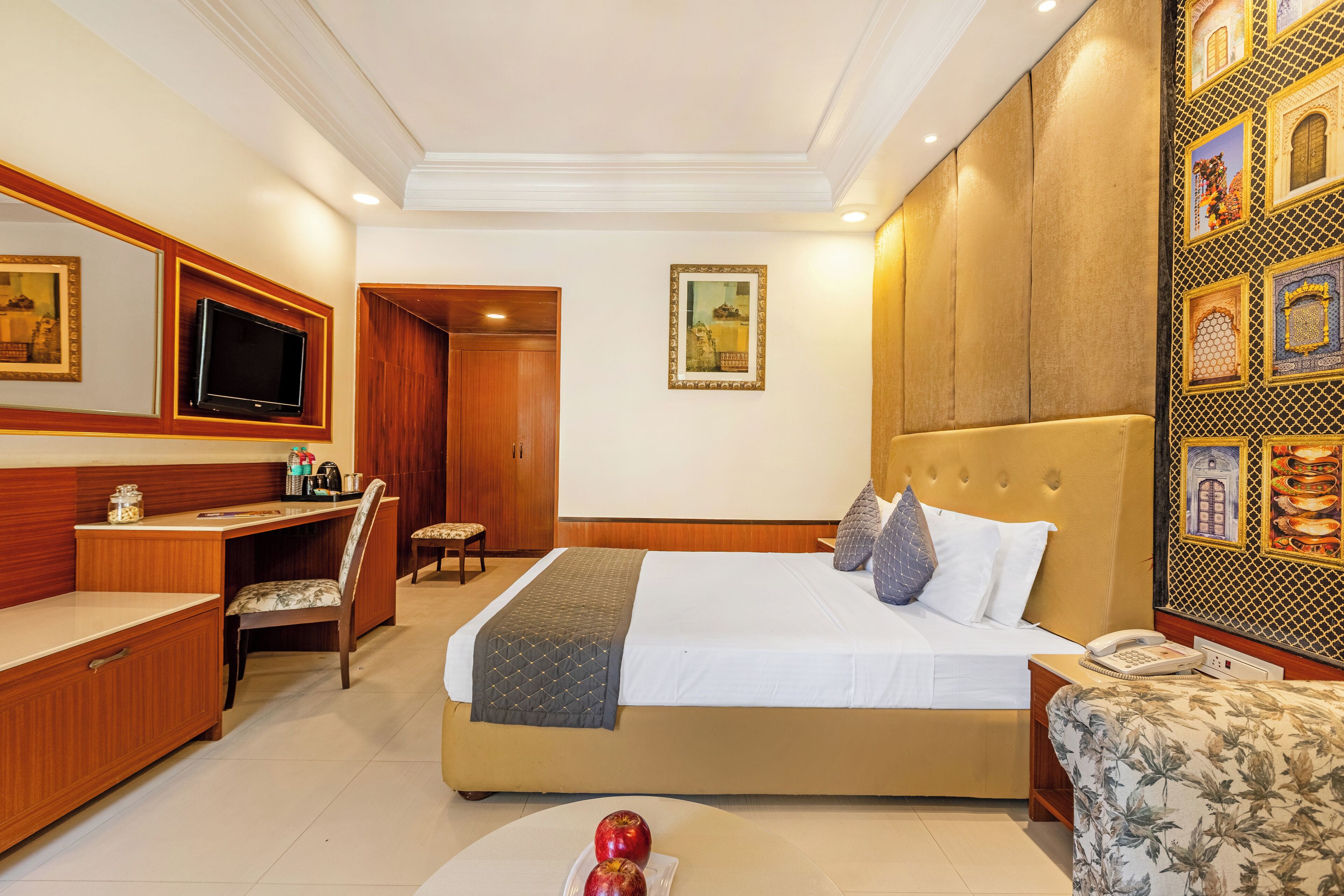 Minibar, desk, laptop workspace, iron/ironing board