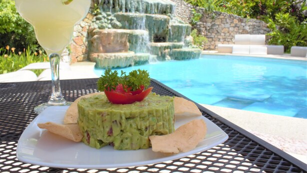 Een bord met guacamole, tortilla chips en een partje limoen, met een zwembad en waterval op de achtergrond.