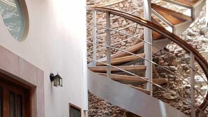Un escalier en colimaçon, avec un mur de pierre en arrière-plan, une porte en bois et une plante en pot au premier plan.
