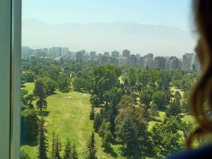 Uitzicht vanuit een raam op een park met bomen en een stadsgezicht op de achtergrond.