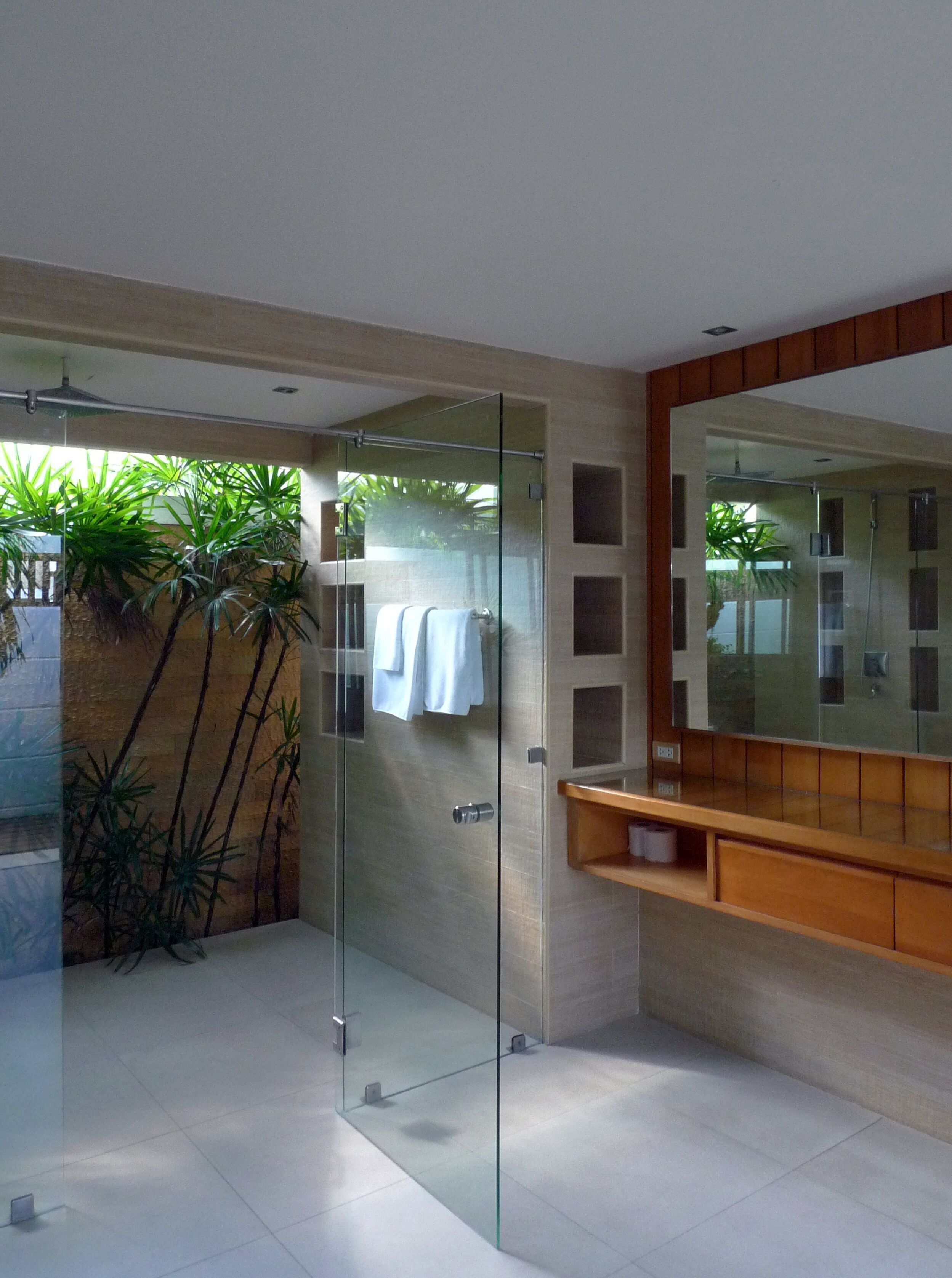 A modern bathroom with a glass shower enclosure, a wooden vanity, and a large mirror.