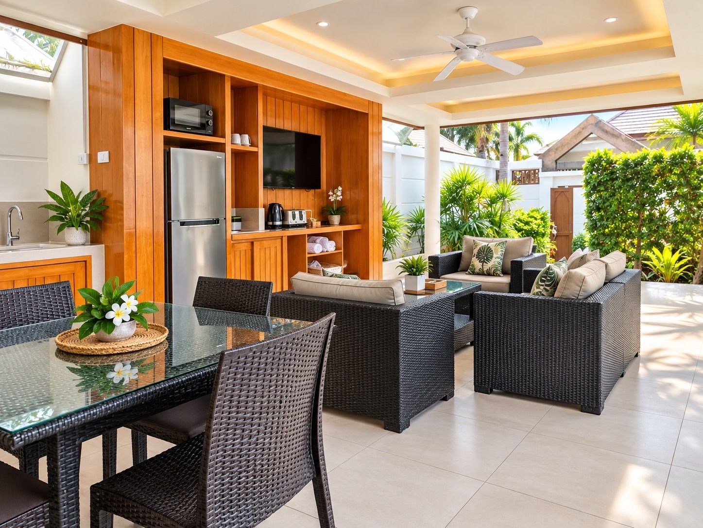 Un área moderna de cocina al aire libre con una mesa de comedor, sillas y un mueble de madera empotrado con electrodomésticos.