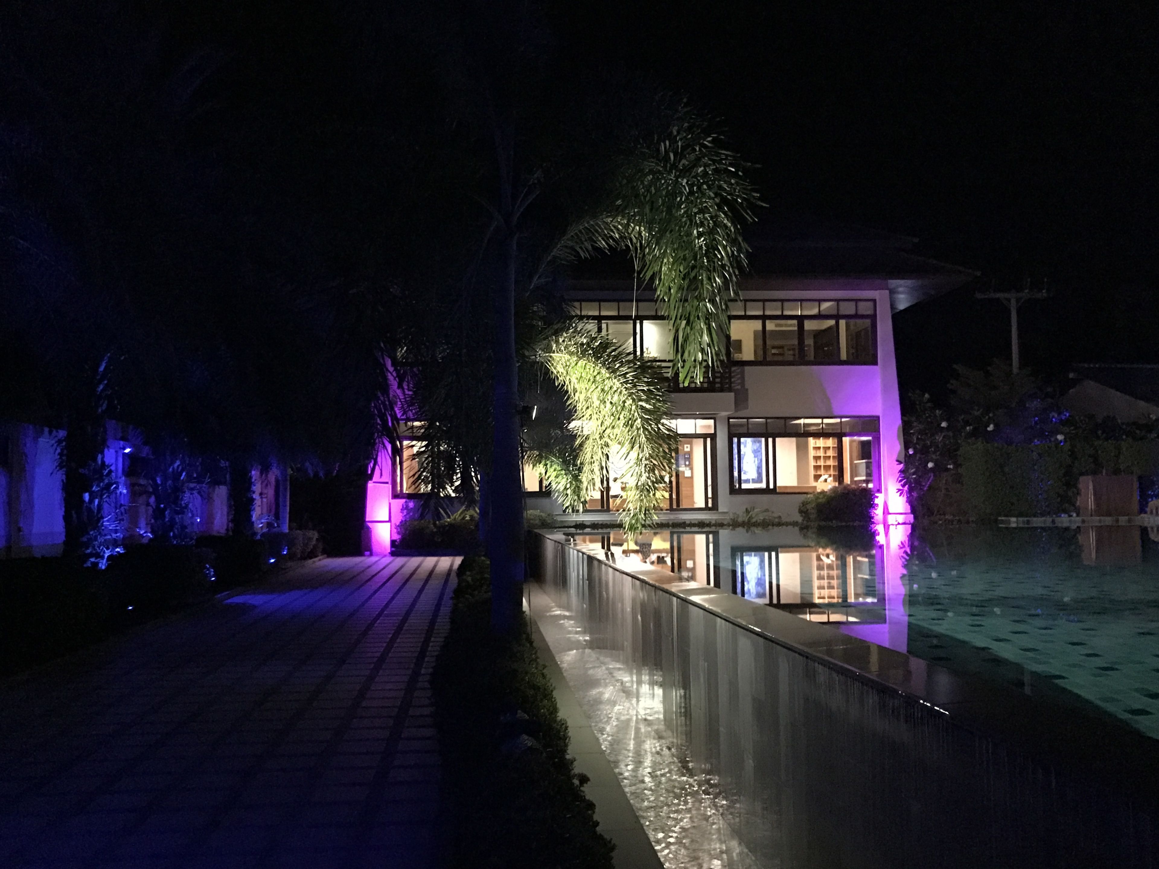 A modern building with a reflective pool, surrounded by trees and illuminated by purple lights.