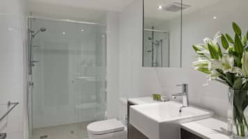 A modern bathroom with a glass shower enclosure, a white toilet, a vanity with a sink, and a mirror.