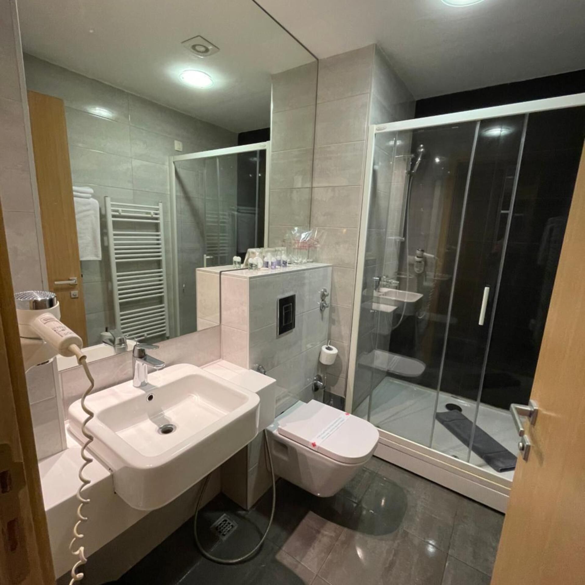 A modern bathroom with a sink, toilet, and glass shower enclosure.