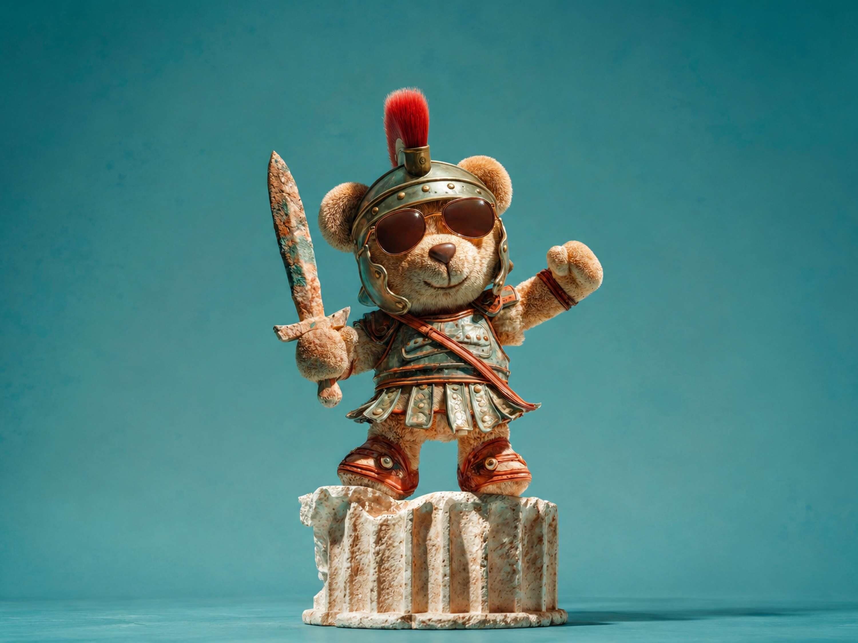 Una estatua de oso con una espada, con casco y armadura, sobre un pedestal de piedra.