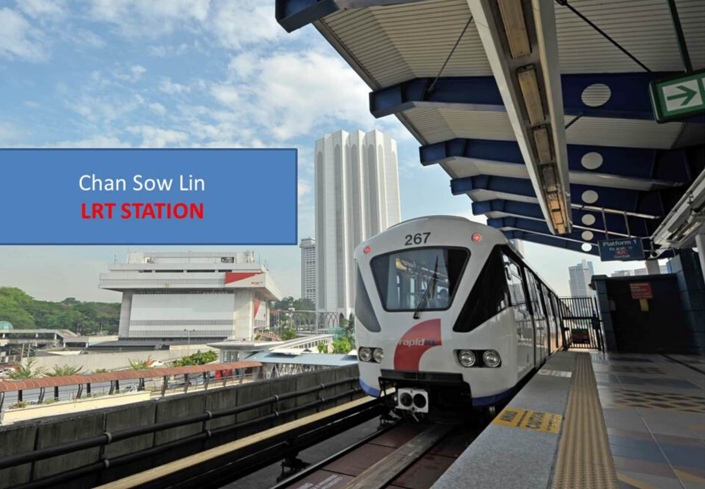 A train at Chan Sow Lin LRT Station with a modern architectural background.
