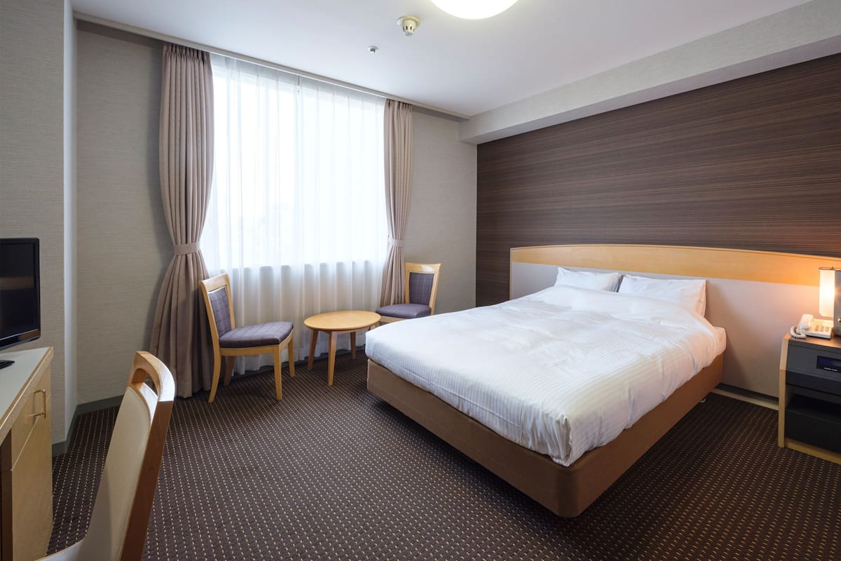 A hotel room with a bed, a desk, a chair, a small table, and a TV.