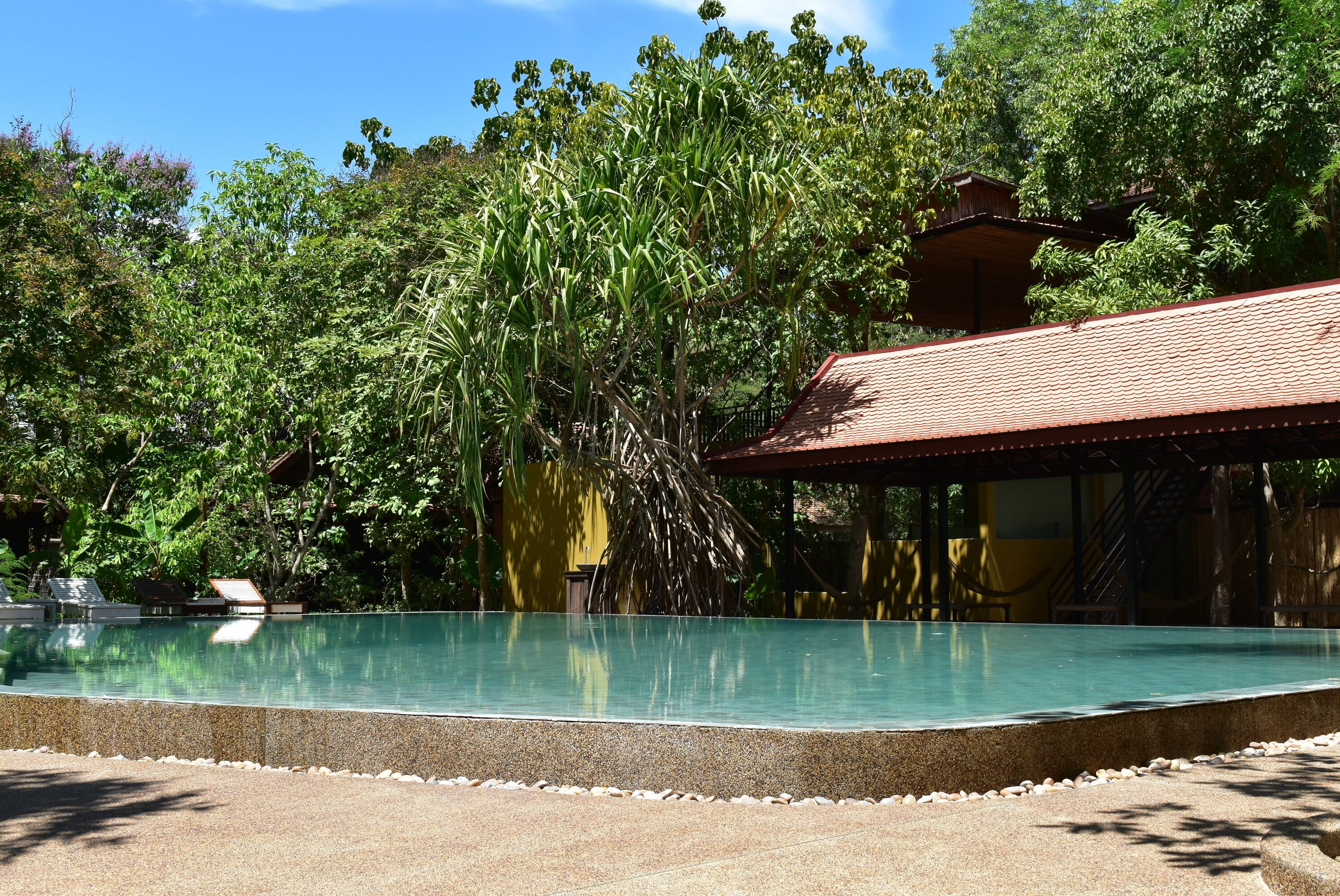 Una piscina rodeada de abundante vegetación y un edificio tradicional con tejado de tejas.
