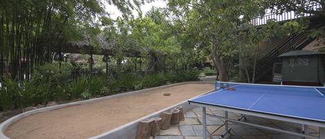 A ping pong table in a garden area with a dirt path and wooden stumps.