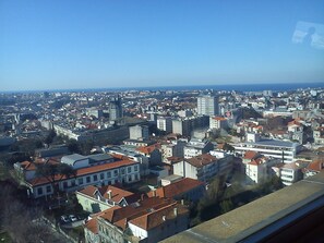 A cityscape with a mix of historical and modern buildings, a clear sky, and a distant view of the sea. - Hotel Miradouro (Porto)