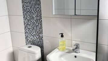 A bathroom with a toilet, sink, and mirror.