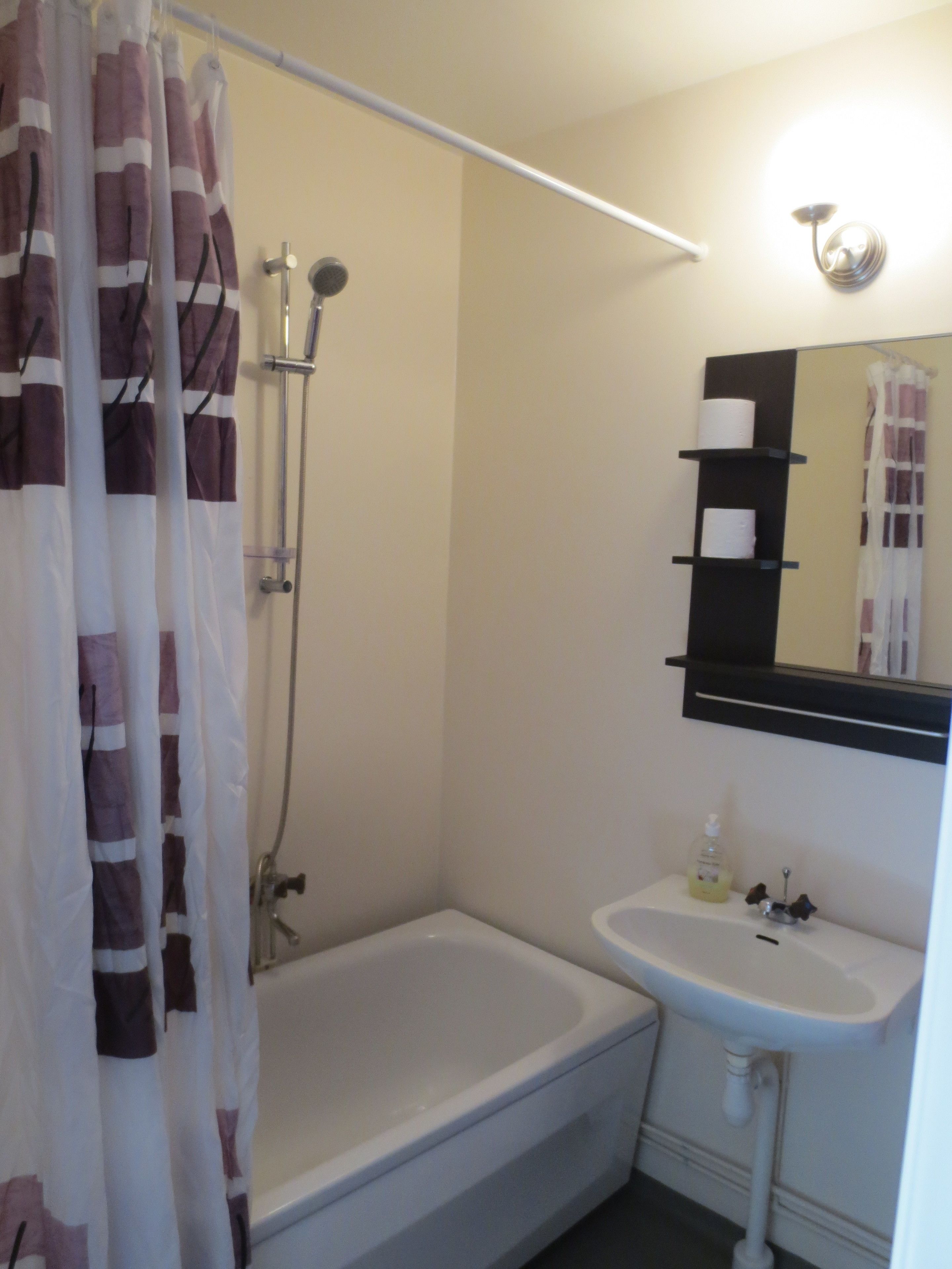 A bathroom with a shower curtain, a bathtub, a sink, and a mirror.