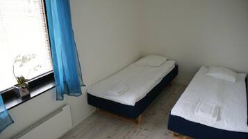 A room with two beds, a window with blue curtains, and a small plant on the windowsill.