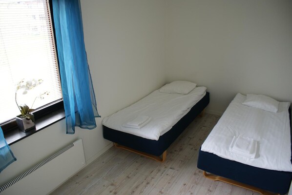 A room with two beds, a window with blue curtains, and a small plant on the windowsill.