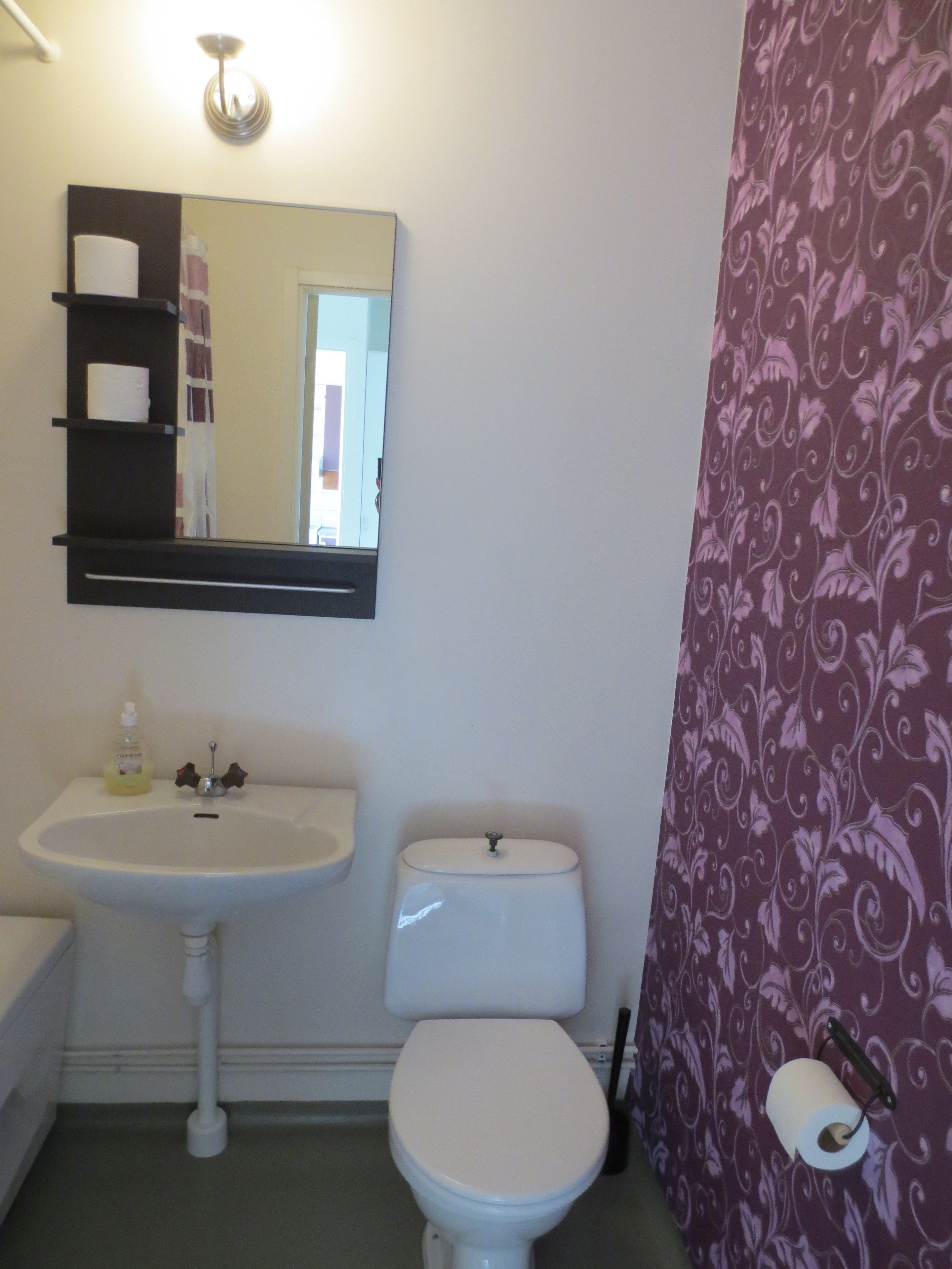 A bathroom with a white sink, a toilet, and a mirror above the sink.