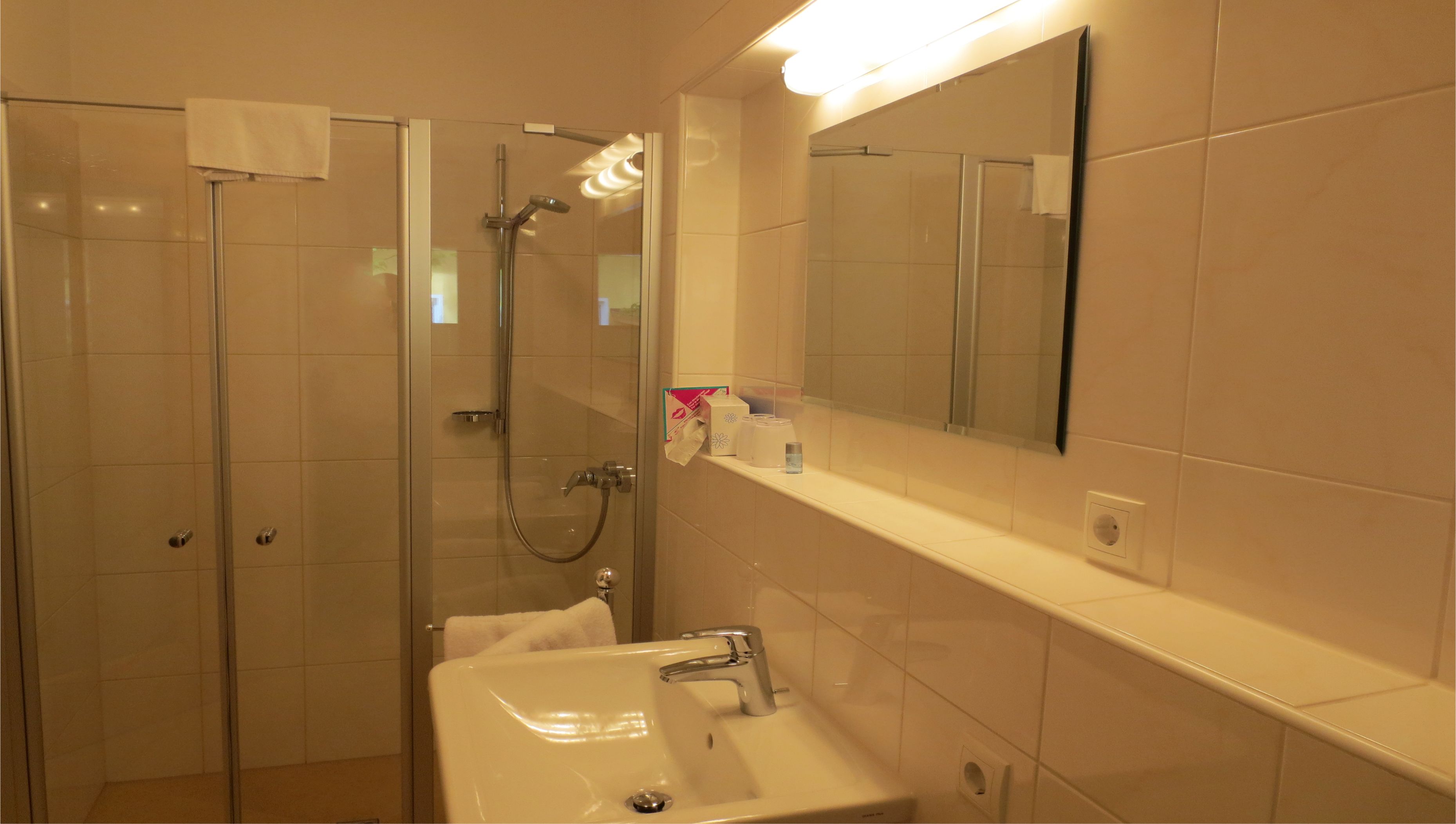 Un baño moderno con ducha envuelta en vidrio, un lavabo con espejo y artículos de aseo en la encimera.