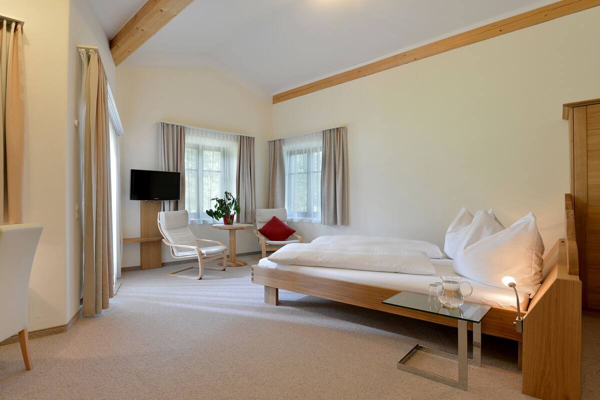 A hotel room with a bed, a desk with a lamp, a chair, a TV, and a small table with a plant.