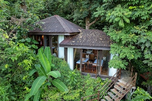 Una casa rústica de madera con techo de paja, rodeada de exuberante follaje tropical.
