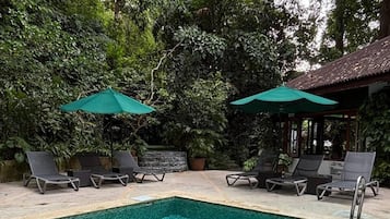 Piscine extérieure, parasols de plage, chaises longues