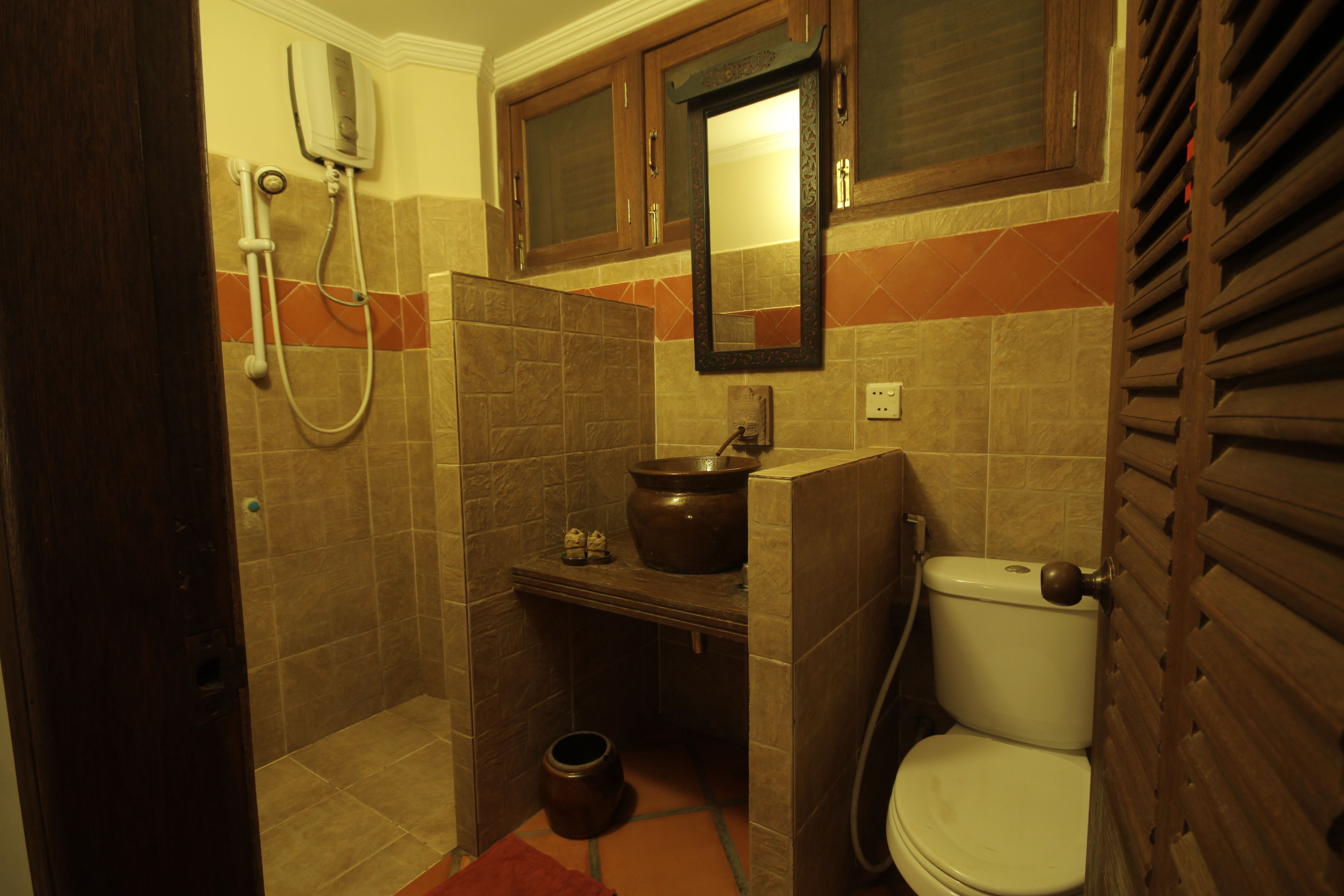 shower, rainfall showerhead, hair dryer, towels