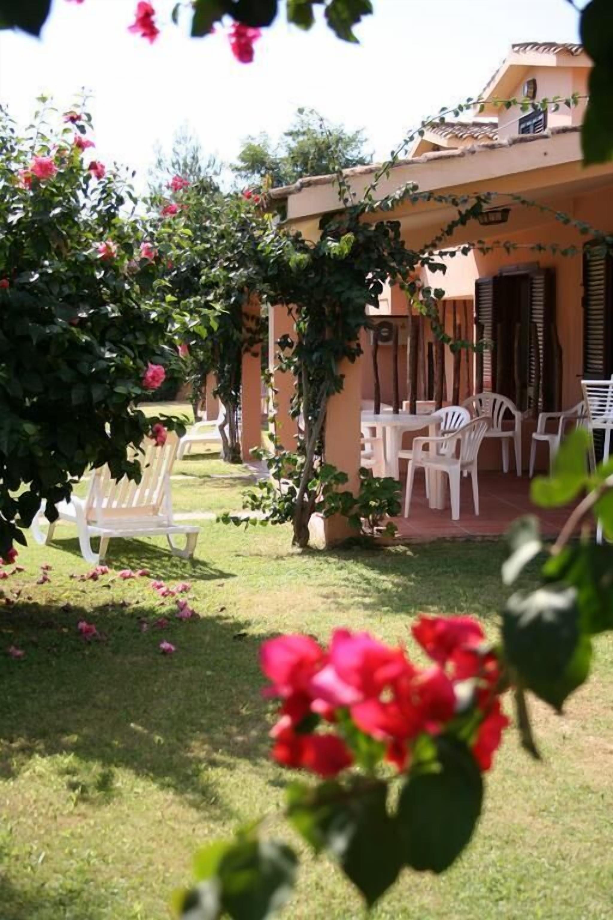 A patio with white plastic chairs and tables, surrounded by a garden with pink flowers and a pergola.