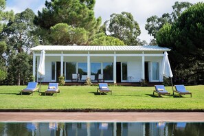 A house with a pool, four lounge chairs, and a covered patio area.