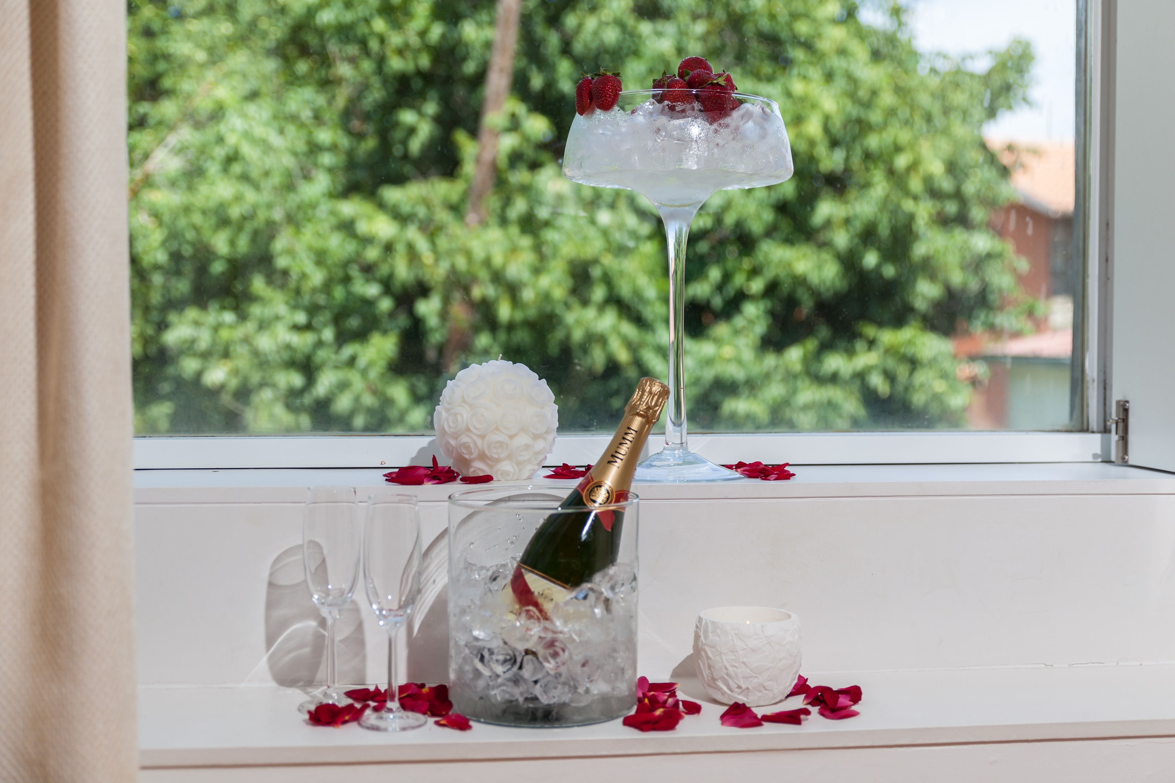 Une fenêtre donnant sur un paysage verdoyant, une bouteille de champagne dans un seau à glace et un verre à martini garni de fraises.