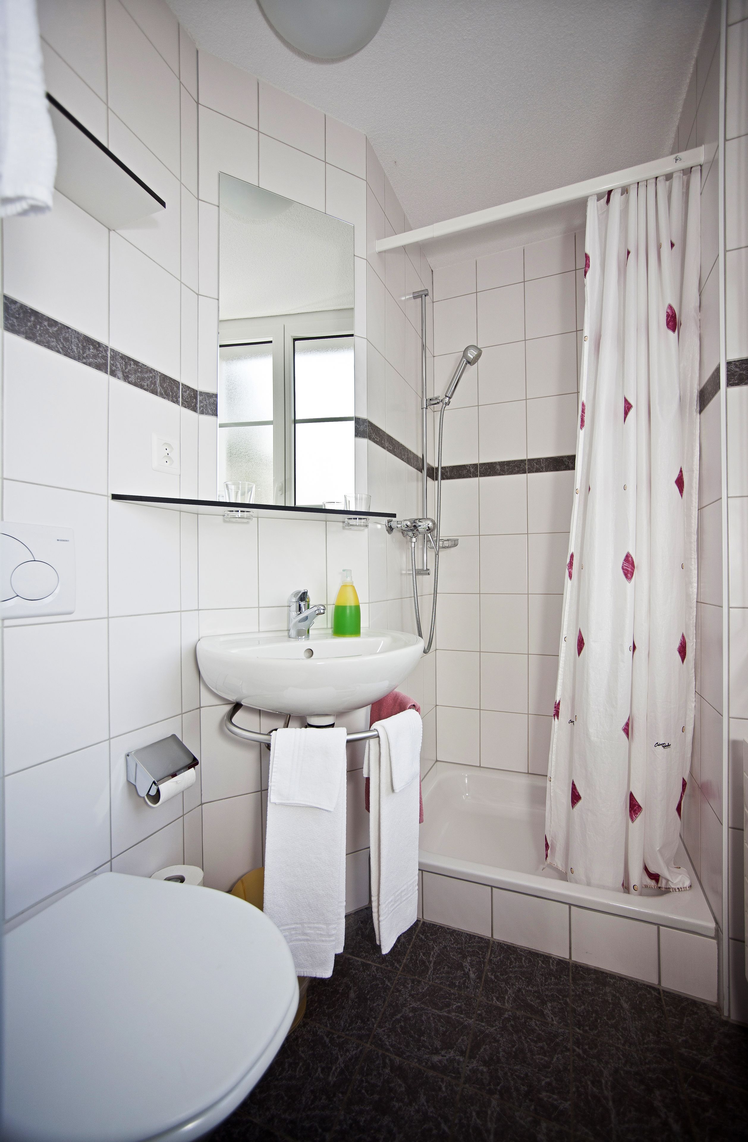 standard twin room | bathroom | shower, hair dryer, towels