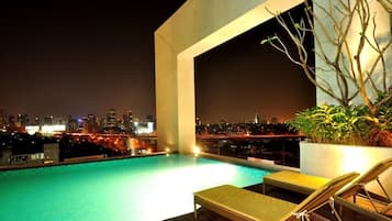 A rooftop pool with a city view, lounge chairs, and potted plants.