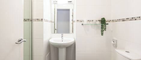 A bathroom with a white sink, a mirror, a toilet, and a glass shower enclosure.