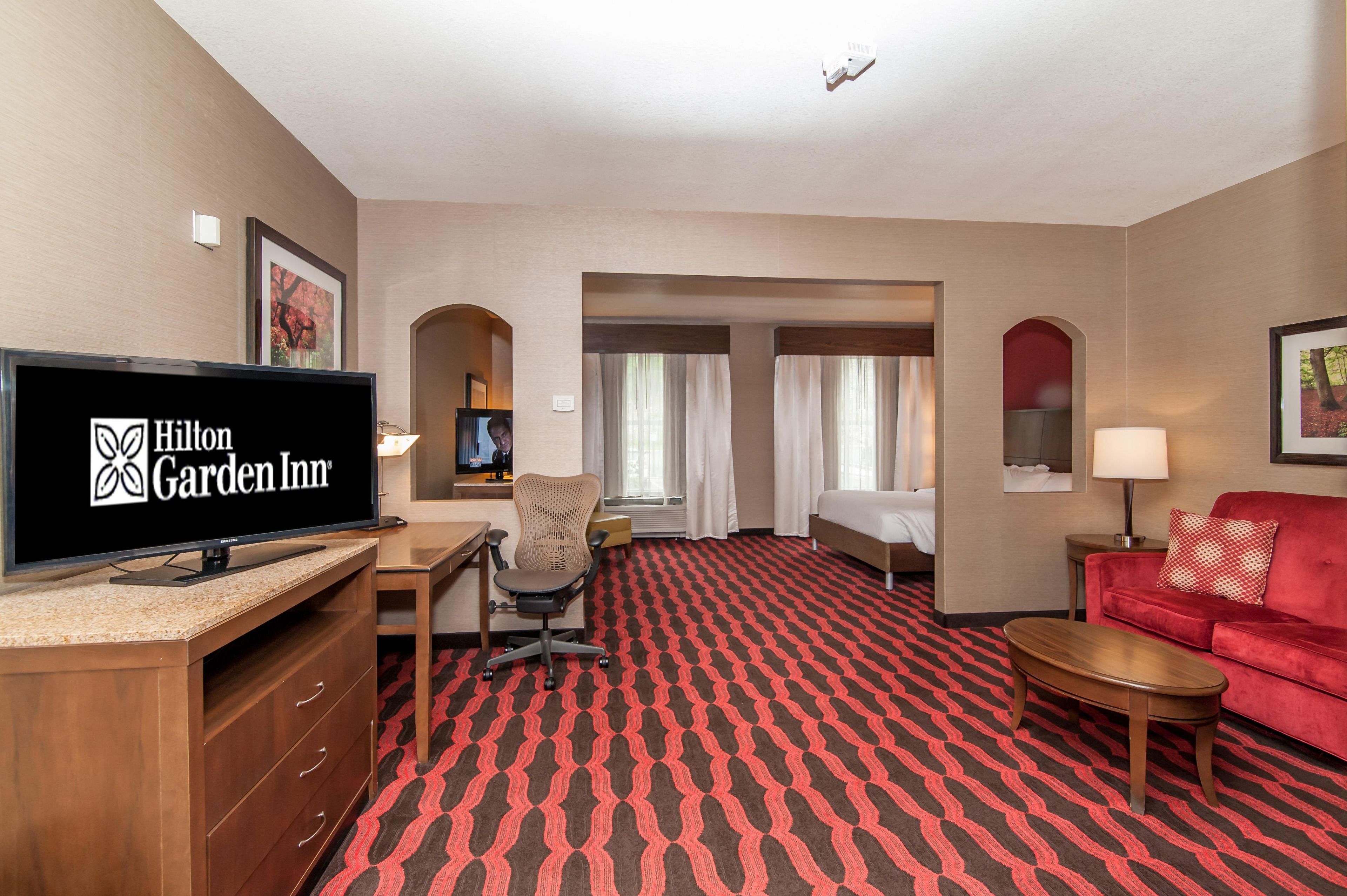 Habitació d'hotel amb televisió que mostra el logotip de Hilton Garden Inn, una taula, una cadira, un llit, un sofà vermell i una catifes amb dibuixos.