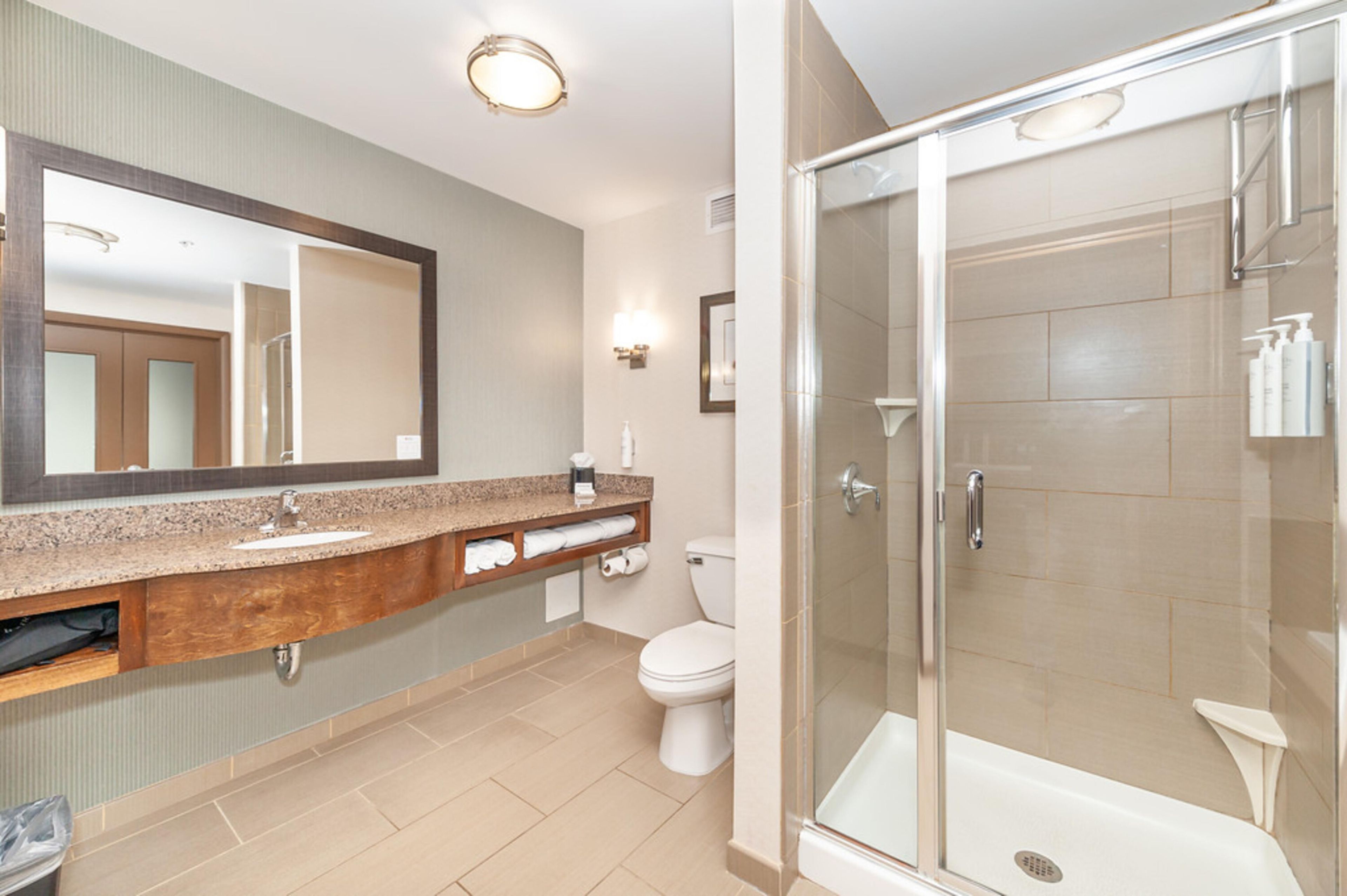 Een moderne badkamer met een granieten aanrecht, een toilet, een douche met glazen wanden en een grote spiegel.