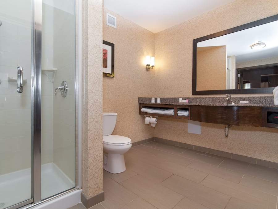 A bathroom with a glass shower enclosure, a toilet, a sink with a towel rack, and a large mirror.